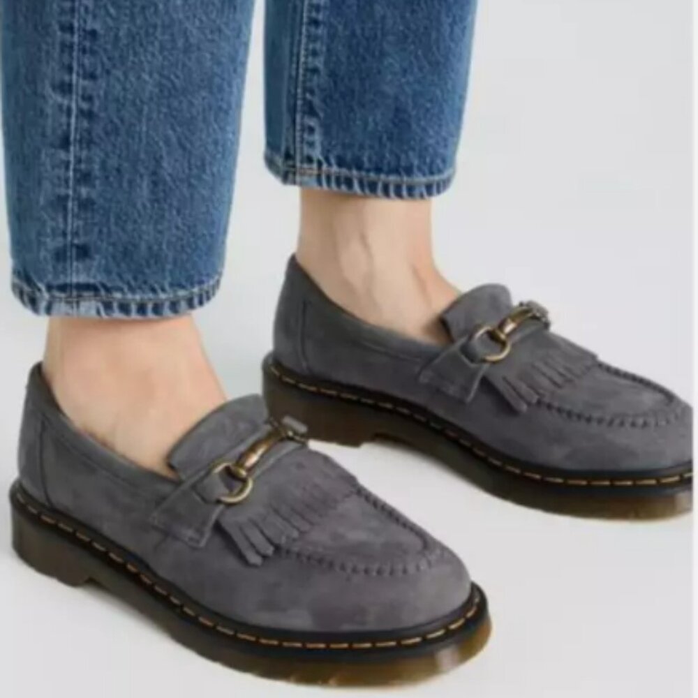 Dr. Martens Gray Suede Kiltie Loafers with Brass Hardware